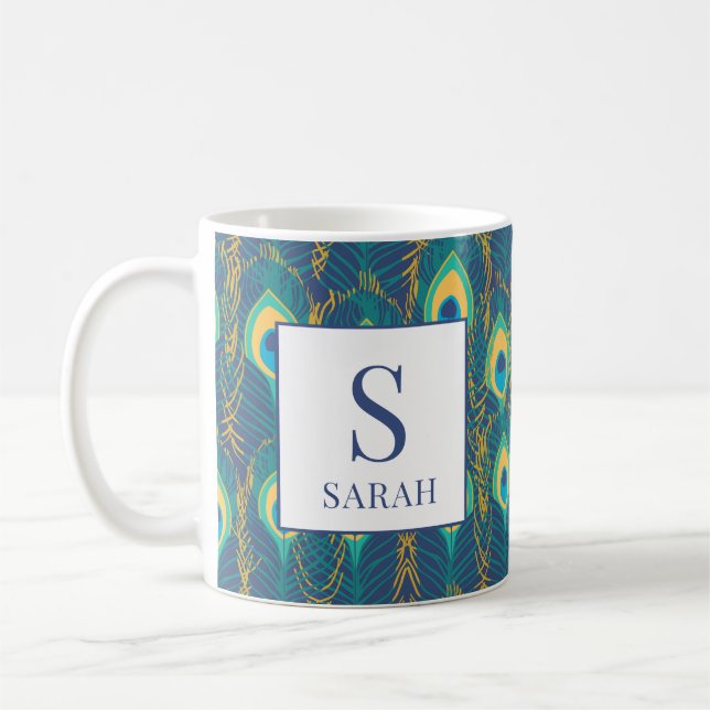 Elegant Påfågelsfjädermonogram med anpassat namn-m Kaffemugg (Vänster)