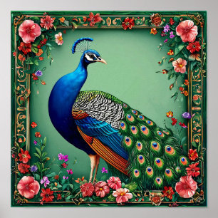Elegant Påfågelväggkonst Lyxig Blommig Fågel Poster
