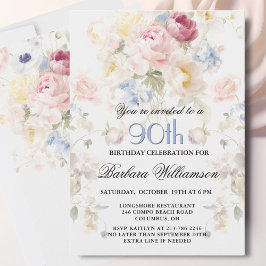 Elegant Painted Blush Rose Floral 90th Birthday  Inbjudningar