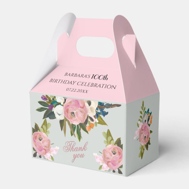 Elegant Painted Pink Floral 100th birthday favors  Presentaskar (Framsidan Sidan)