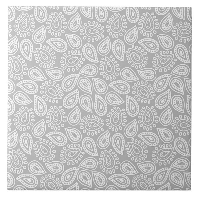 Elegant Paisley mönster i vitt, lätt grått Kakelplatta (Framsidan)