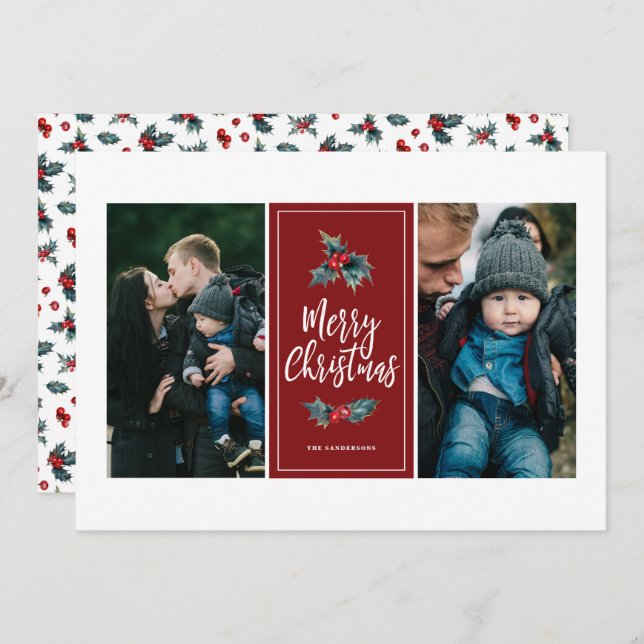Elegant Paked Holly | Julrött två foto Julkort (Fram/baksida)