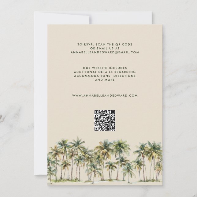 Elegant Palm Tree Wedding Invitation with QR Code Inbjudningar (Baksida)