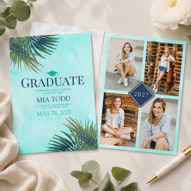 Elegant palmfrond guld teal examensbevis meddelande (Announce your milestone achievement in true style with this Chic Palm Frond Gold and Teal Graduation)