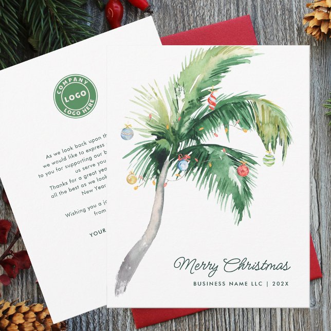 Elegant Palmträd Jul Julkort (Business Logo Decorated Palm Tree Christmas Company Greetings Card)