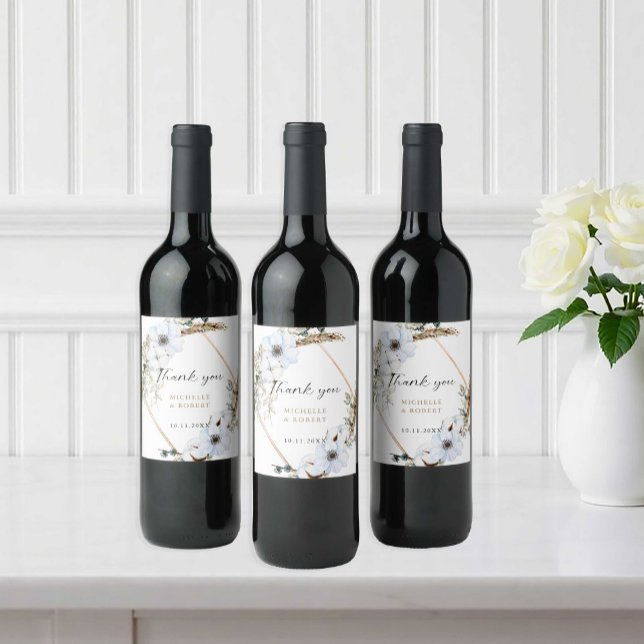 Elegant Pampas Grass and White Anemone Bröllop Vinflaska Etikett (Skapare uppladdad)