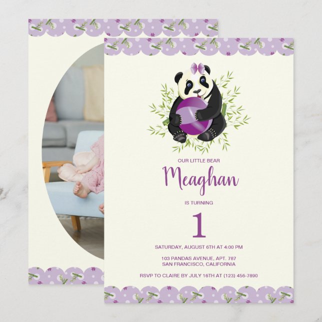 Elegant Panda Girly 1st Birthday Blek Lilac Ivory Inbjudningar (Fram/baksida)