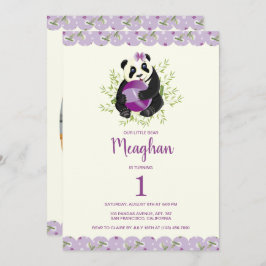 Elegant Panda Girly 1st Birthday Blek Lilac Ivory Inbjudningar