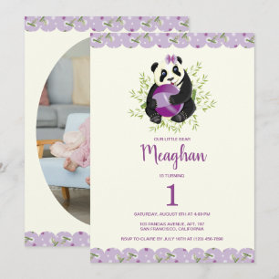 Elegant Panda Girly 1st Birthday Blek Lilac Ivory Inbjudningar