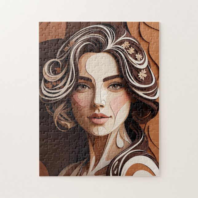 Elegant Paper-Cut Portrait in Warm Earth Tones Pussel (Vertikal)