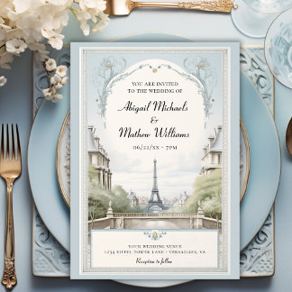 Elegant Paris Eiffel Torn Powder Blue Bröllop Inbjudningar