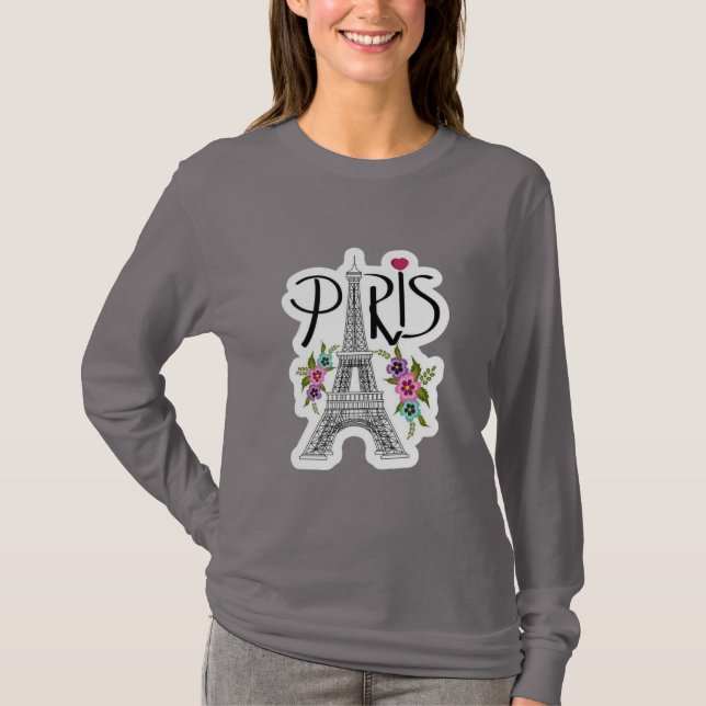 Elegant Paris Eiffeltornet Blommig Illustrerad T-S T Shirt (Framsida)