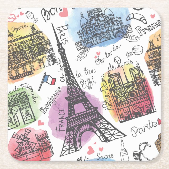 Elegant Paris Frankrike Mode Sketch Underlägg Papper Kvadrat (Framsidan)