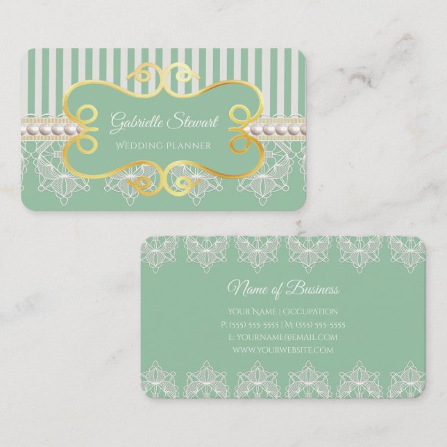 Elegant pärl- och spetsmjuk grön bröllopsplanerare visitkort (Fram/baksida)