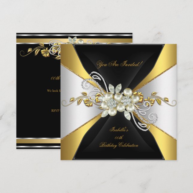 Elegant Pärla Guld Silver Diamant Födelsedagsfest  Inbjudningar (Fram/baksida)