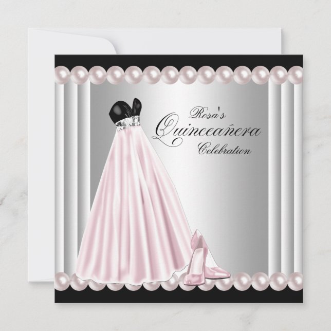 Elegant Pärla Silver Rosa Quinceanera Inbjudningar (Framsida)