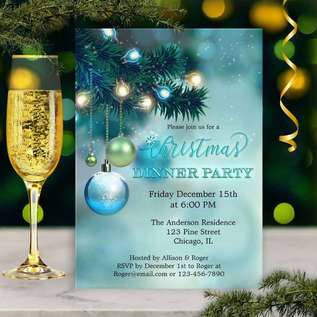 Elegant Pärlande Ljus julmiddag Party Inbjudningar (Christmas invitation featuring a teal turquoise design with sparkling lights, baubles and pine twigs)