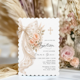 Elegant pärlbåge och blomster dop inbjudan