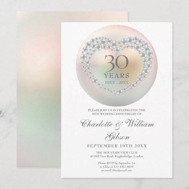 Elegant pärlhjärta 30-års bröllopsjubileum inbjudningar (Fram/baksida)
