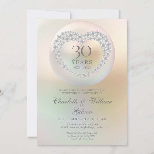 Elegant Pärlhjärta 30-års bröllopsjubileum Inbjudningar (Framsida)