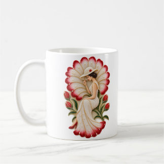Elegant pärlprydd kvinna med blomkrus koppel kaffemugg