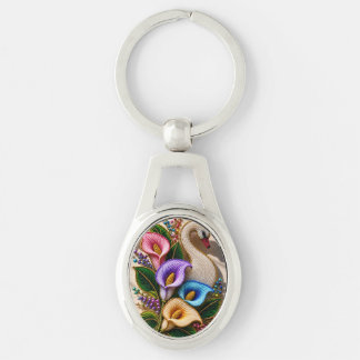 Elegant Pärlsvan Blommig Konst Ovalt Silverfärgad Nyckelring