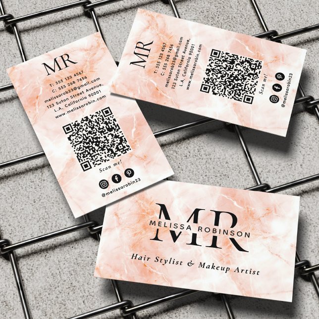 Elegant Päronmarmorerad Textur Monogram och QR-kod Visitkort (Skapare uppladdad)