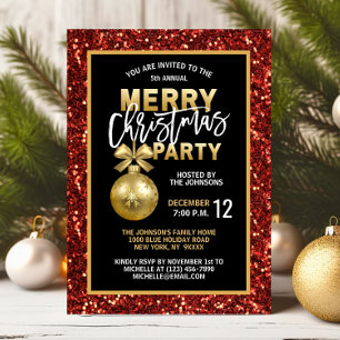 Elegant PARTY Black Guld Red Glitter Inbjudningar