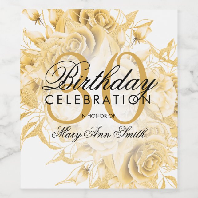 Elegant Party Blommigten Guld vid 30års födelsedag Vinflaska Etikett (Singel etikett)