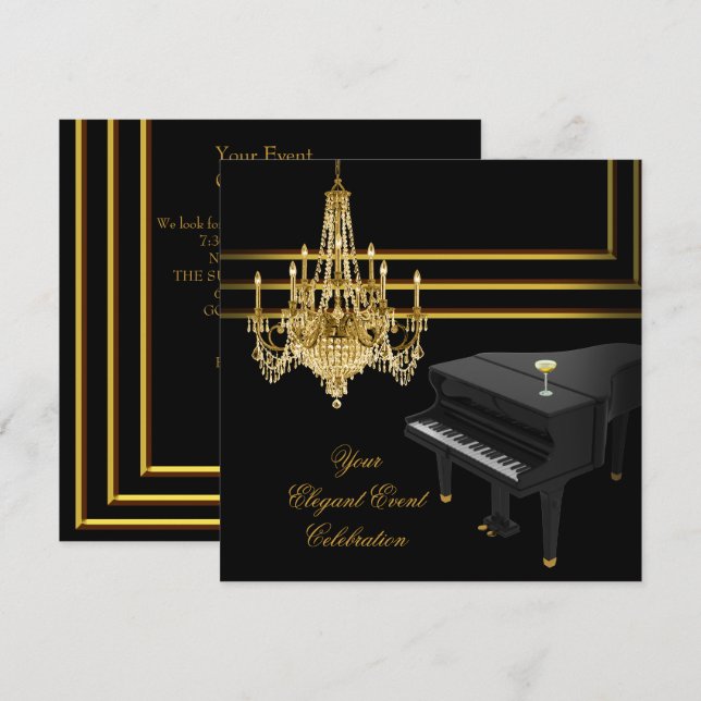Elegant Party Piano Chandelier Guld Champagne Inbjudningar (Fram/baksida)
