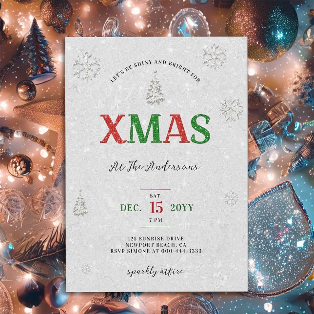 Elegant Party Red Grönt White Glitter Inbjudningar (elegant christmas party invites rhinestones glitter bling red green white tree snow snowflakes glam )