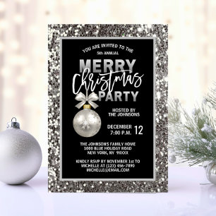 Elegant PARTY Svarta Silver Glitter Inbjudningar
