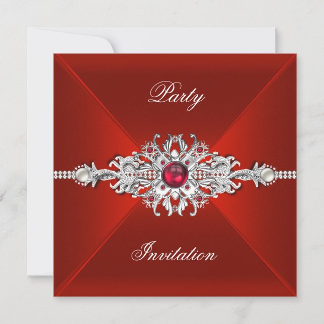 Elegant Party Tillfällen Red Silver Jewel Inbjudningar (Framsida)