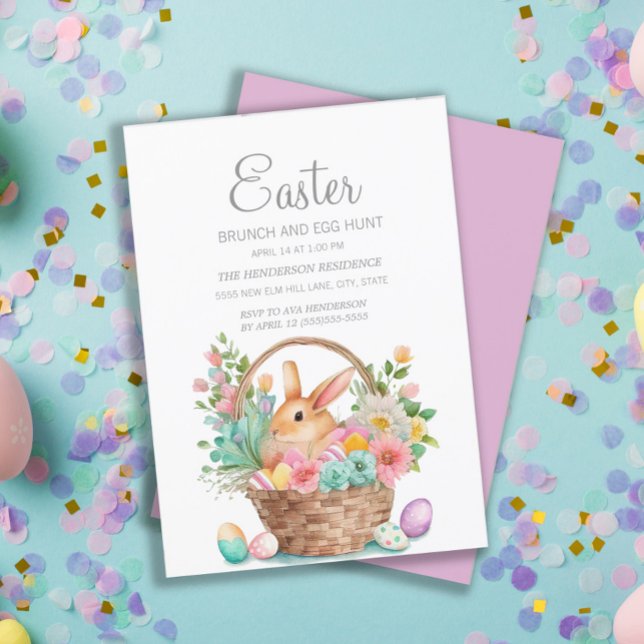 Elegant Påsk Basket Bunny Brunch Egg Hunt Inbjudningar (Easter bunny in basket Easter greeting card.)