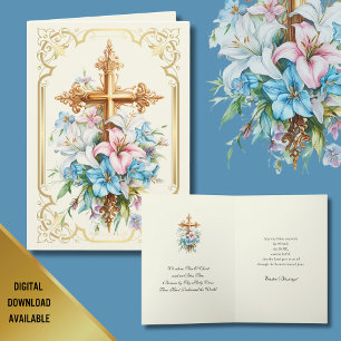Elegant påsk-religiöst guldkors liljor. helgkort