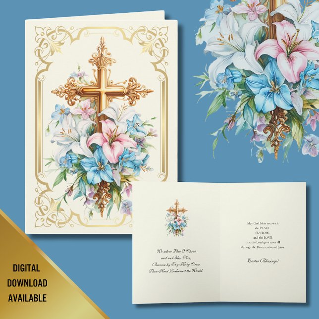 Elegant påsk-religiöst guldkors liljor.  helgkort (Skapare uppladdad)