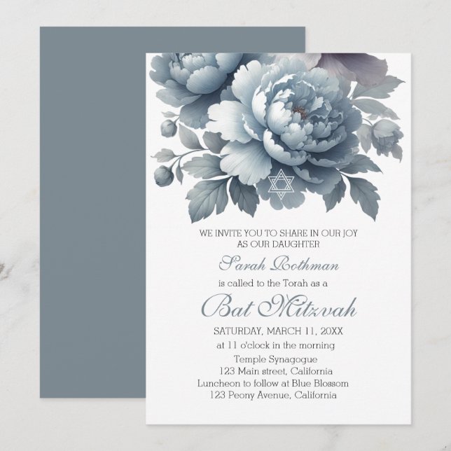 Elegant Påsklilja Blommig Dammt blå Bat Mitzvah Inbjudningar (Fram/baksida)