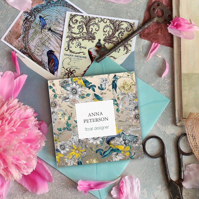 Elegant Passion Flowers på Silver Grått Fyrkantigt Visitkort (Skapare uppladdad)