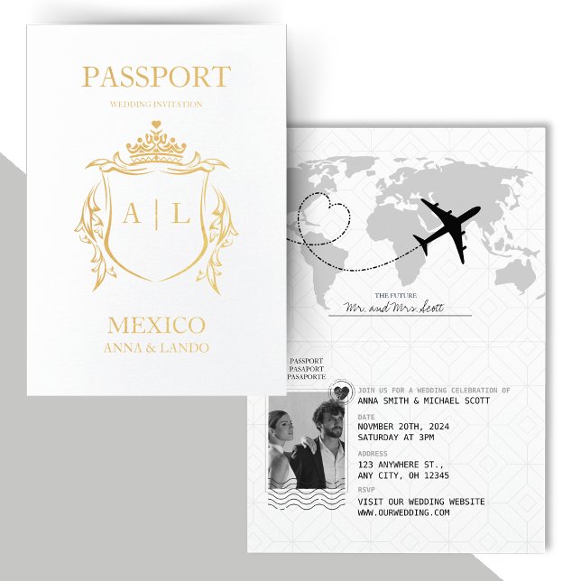 Elegant Passport Destination Wedding Black & White Folierat Kort (Skapare uppladdad)