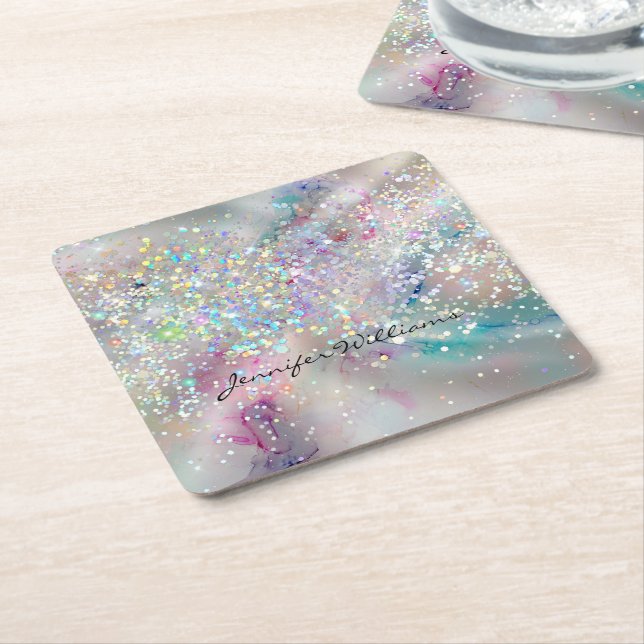 Elegant Pastel Alcohol Bläck HoloGraph Glitter Underlägg Papper Kvadrat (Vinklad)