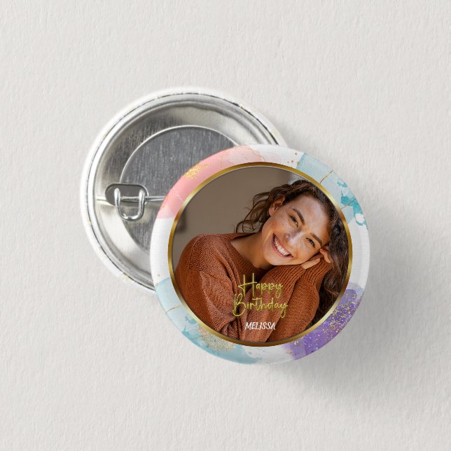 Elegant Pastel and Gold Script Photo Name Birthday Knapp (Framsida & baksida)