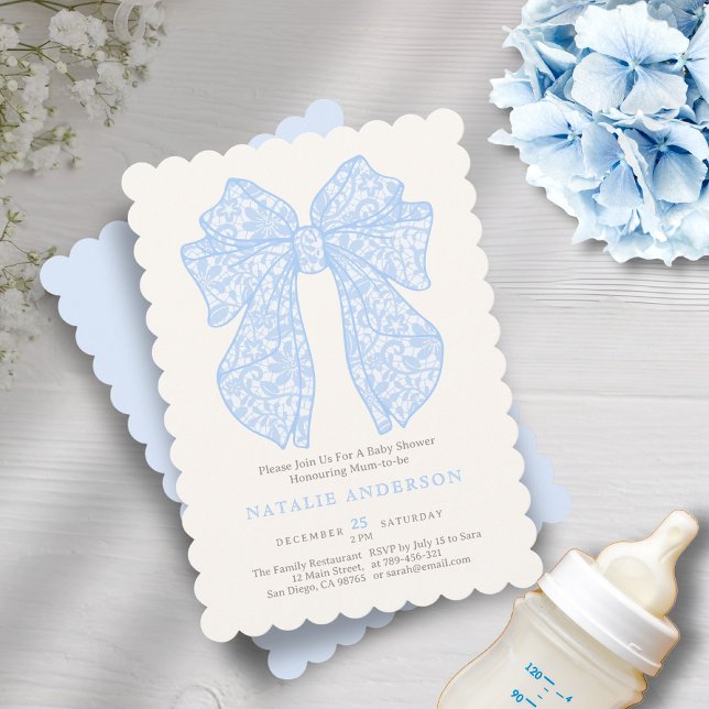 Elegant Pastel Baby blue Snöre Coquette Baby Showe Inbjudningar (Elegant Pastel Baby Blue Lace Coquette Baby Shower Invitation)