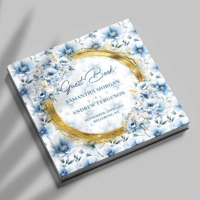 Elegant Pastel Blåa blommor Guld Glitter Bröllop Gästböcker (Elegant Pastel Blue Flowers Gold Glitter Wedding Guest Book)