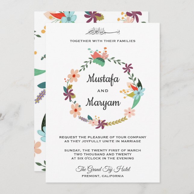 Elegant Pastel Blommigt Utandning Islamiska Bröllo Inbjudningar (Fram/baksida)