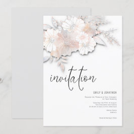 Elegant Pastel Blommigts Peach Grått Bröllop Inbjudningar
