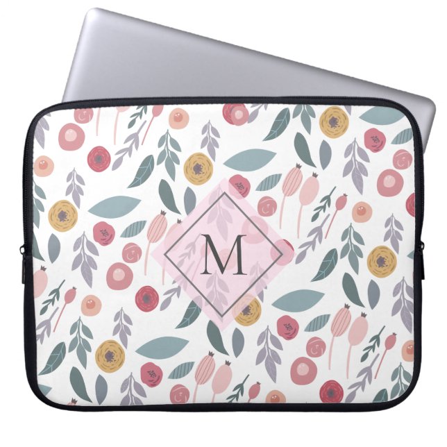 Elegant Pastel Blommönster Monogram Laptop Fodral (Framsidan)