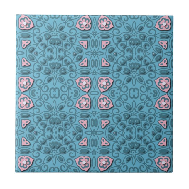 Elegant Pastel Blue and Rosa Modern Damask Patch Kakelplatta (Framsidan)