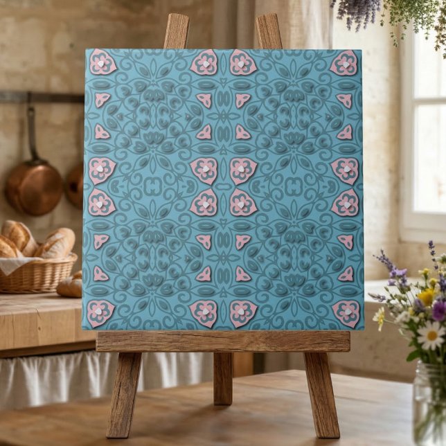 Elegant Pastel Blue and Rosa Modern Damask Patch Kakelplatta (Skapare uppladdad)