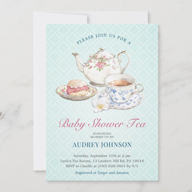 Elegant Pastel Blue Baby Shower Tea Blommigt Tekan Inbjudningar (Framsida)