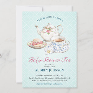 Elegant Pastel Blue Baby Shower Tea Blommigt Tekan Inbjudningar